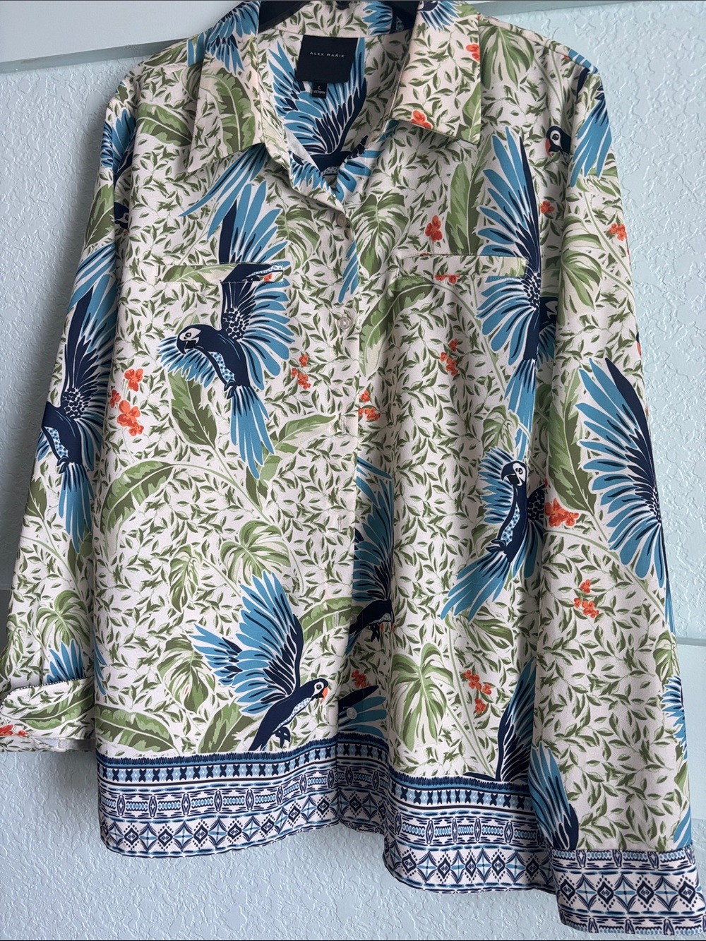 Alex Marie Cream Button-Up Shirt with Blue Parrot Print